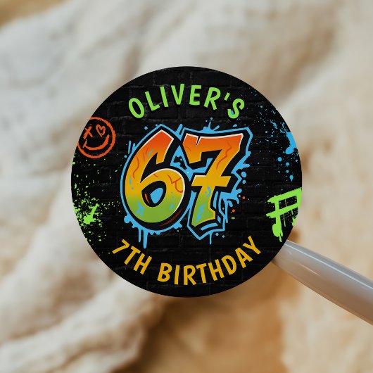 Neon Graffiti Six Seven Kids 7th Birthday Party Runder Aufkleber