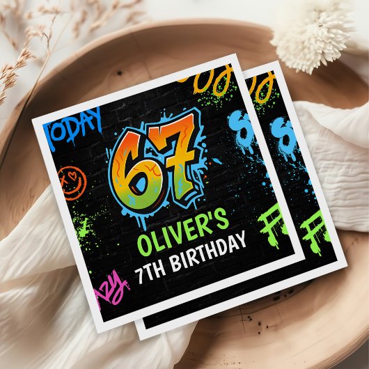 Neon Graffiti Six Seven Kids 7th Birthday Party Serviette