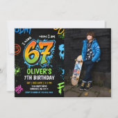 Neon Graffiti Six Seven Kids 7th Birthday Photo Einladung (Vorderseite)
