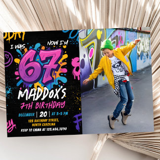 Neon Graffiti Six Seven Kids 7th Birthday Photo Einladung