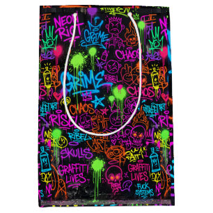 Neon-Graffiti-Street-Art-Collage-Muster Mittlere Geschenktüte