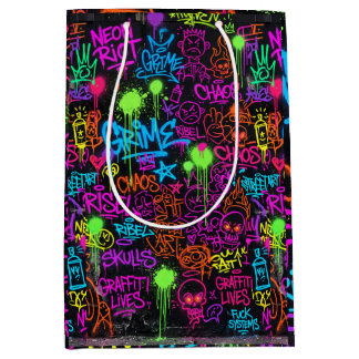 Neon-Graffiti-Street-Art-Collage-Muster Mittlere Geschenktüte