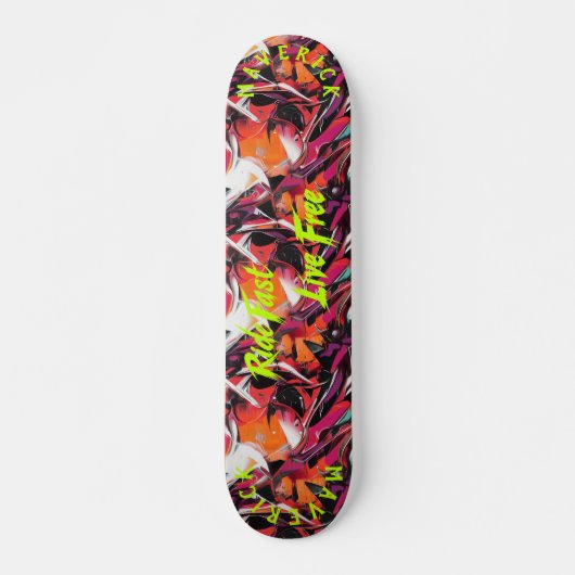 Neon Graffiti & Yellow 'Ride Fast Live Free' Motto Skateboard (Vorne)
