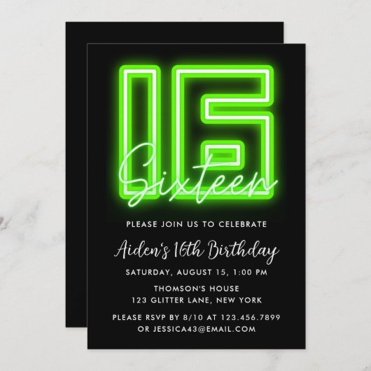 Neon Green 15. Geburtstag Einladung (Vorne/Hinten)