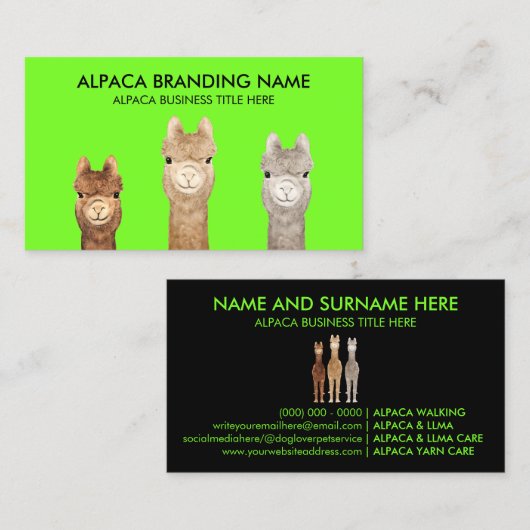 Neon Green Alpaca Animal Visitenkarte (Vorne/Hinten)