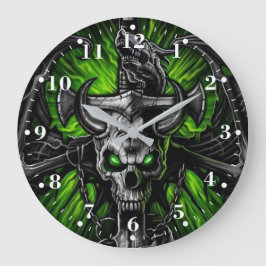Neon Green Black Gothic Skull Winged Monster Große Wanduhr