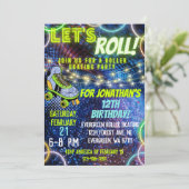 Neon Green Blue Boy Lasse Roll Roller Skaten Party Einladung (Stehend Vorderseite)
