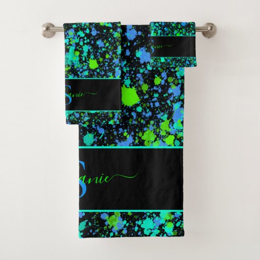 Neon Green Blue Paint Spritzer Monogram Retro Badhandtuch Set (Insitu)