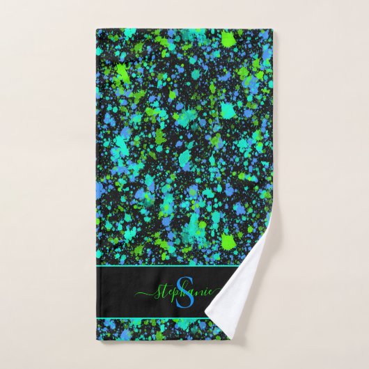 Neon Green Blue Paint Spritzer Monogram Retro Badhandtuch Set (Handtuch)