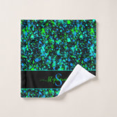 Neon Green Blue Paint Spritzer Monogram Retro Badhandtuch Set (Waschlappen)
