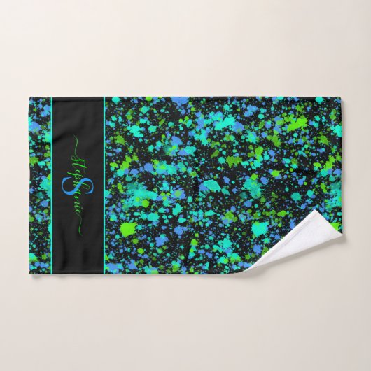 Neon Green Blue Paint Spritzer Monogram Retro Badhandtuch Set (Handtuch)