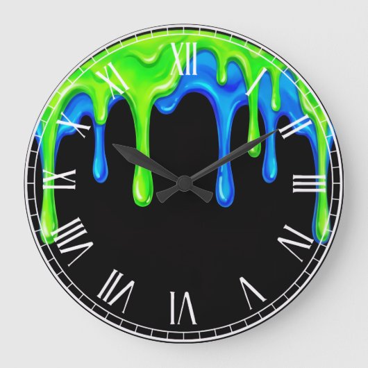 Neon Green & Blue Slime Drip Black Gamer Graffiti  Große Wanduhr (Vorderseite)