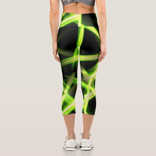 Neon Green Bright Lights Streams Black Capri Leggings (Rückseite)