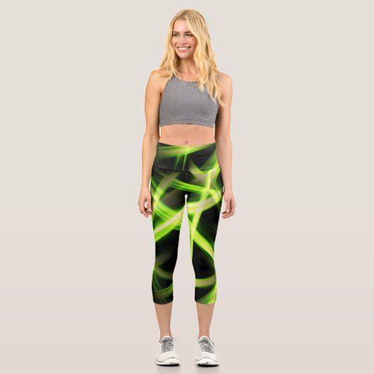 Neon Green Bright Lights Streams Black Capri Leggings (Vorderseite)