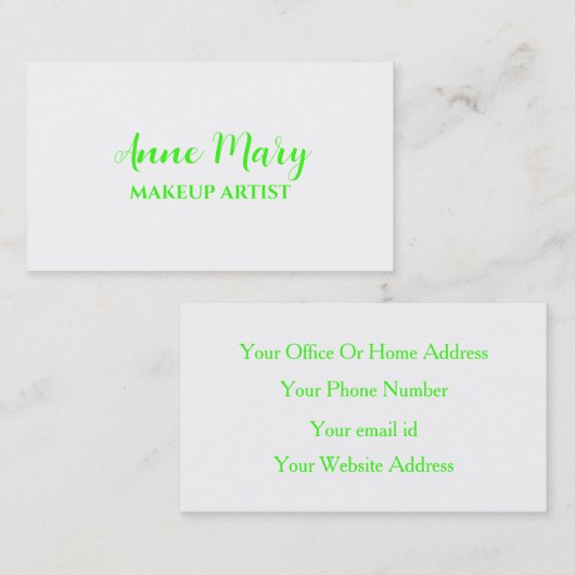 Neon Green Bright Makeup Artist Salon Custom White Visitenkarte (Vorne/Hinten)