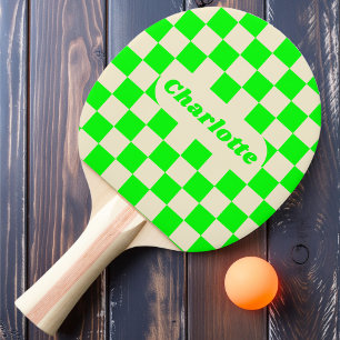 Neon Green & Cream Schachbrett mit Name Tischtennis Schläger