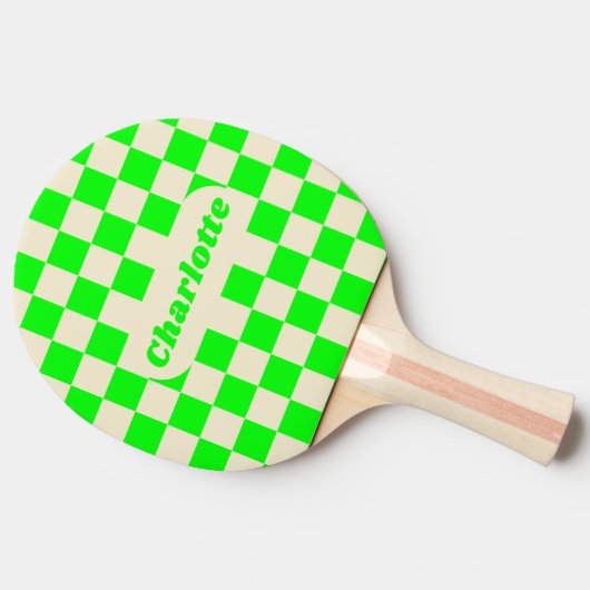 Neon Green & Cream Schachbrett mit Name Tischtennis Schläger (Seitenansicht)