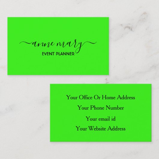 Neon Green Custom Bright farbenfrohe Hochzeitsvera Visitenkarte (Vorne/Hinten)