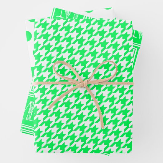 Neon Green Hahnentrittmuster Monogram Polka Dot Geschenkpapier Set (Beispiel)