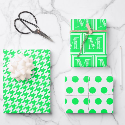Neon Green Hahnentrittmuster Monogram Polka Dot Geschenkpapier Set (Vorderseite)