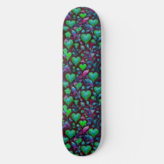 Neon Green Heart und Lila Blüten Skateboard (Vorderseite)