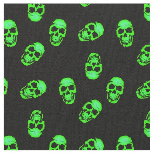 Neon Green Human Skull Muster auf Schwarz Stoff (Nahaufnahme)