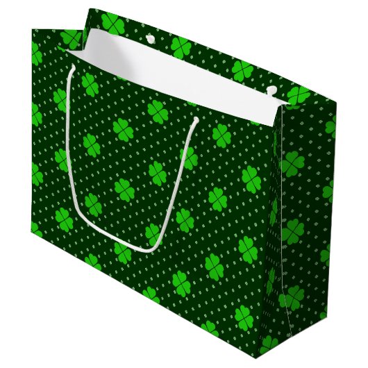 NEON GREEN IRISH CELTIC KLEEBLATTS & POLKA DOTS GROßE GESCHENKTÜTE (Vorderseite Schrägansicht)