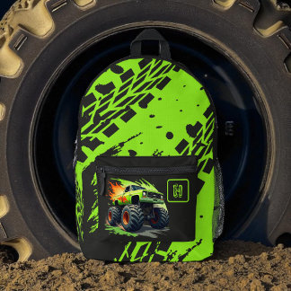 Neon Green Monster Truck Boys Monogram Bedruckter Rucksack
