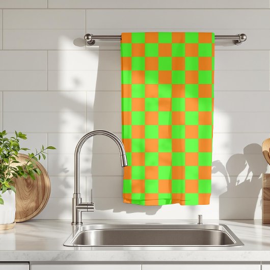 Neon Green Orange Checkerboard Vintag Geschirrtuch