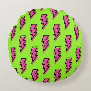 Neon Green & Pink Lightning Bolt Pattern der 80er/ Rundes Kissen