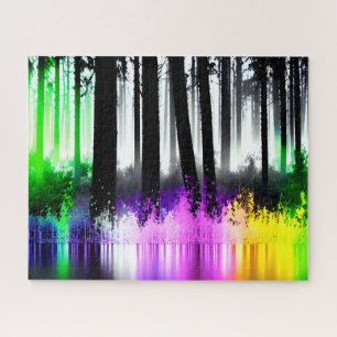 Neon Green Pink Lila Gelbwald Reflektion Puzzle