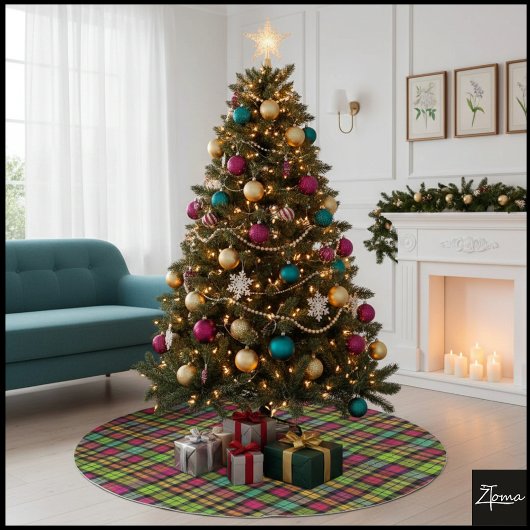 Neon Green Pink Plaid Cyberpunk Tartan Polyester Weihnachtsbaumdecke