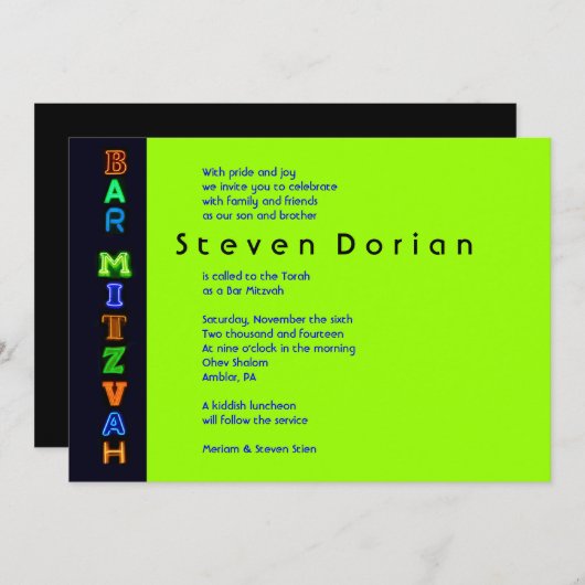 NEON GREEN SIGNS Bar Bat Mitzvah Einladung (Vorne/Hinten)