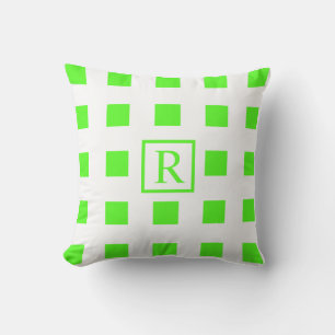 Neon Green Squares Muster Monogramme Weiß Niedlich Kissen