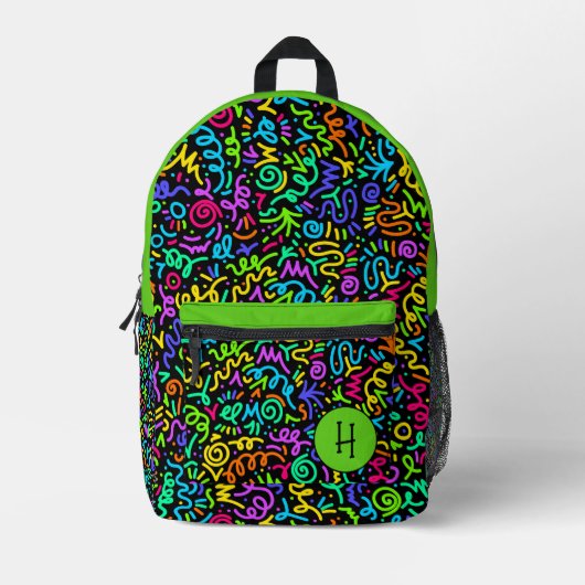 Neon Green Squiggle Monogram Bedruckter Rucksack (Vorderseite)