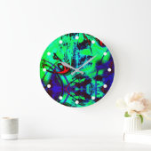 Neon Green und Blue Abstrakt Pattern Große Wanduhr (Zuhause)