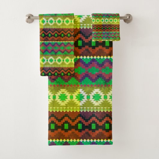 Neon Green und orange Aztec Muster Badhandtuch Set (Insitu)