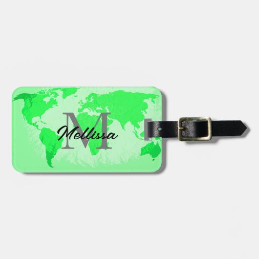 Neon Green World Map Monogramme Reisende Kunst Gepäckanhänger (Vorderseite horizontal)