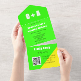 Neon Green Yellow Retro Modernes, feines Elegant All In One Einladung