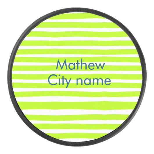 Neon green yellow retro stripes add name cityplace eishockey puck (Vorderseite)
