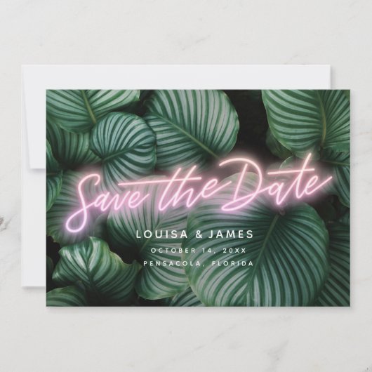 Neon Greenery Moderne tropische Save the Date Einladung (Vorderseite)