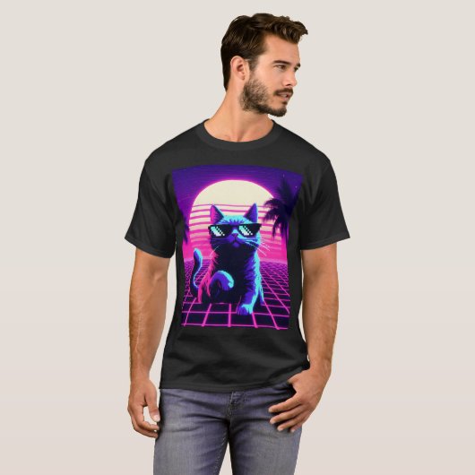 Neon Grid Chill Cat T-Shirt (Vorne ganz)