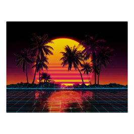 Neon Grid Palm Sunset Poster
