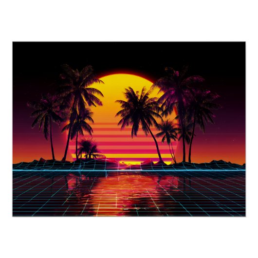 Neon Grid Palm Sunset Poster (Vorderseite)