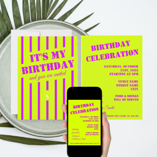 Neon-grün-gelbe lila Geburtstagsparty Einladung