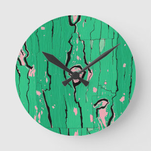 Neon-Grün Pop-Art Holzmaserung abstraktes Rindenmu Runde Wanduhr