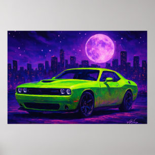Neon-grünes Auto unter violettem Himmel Poster