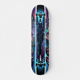 "Neon Hacker: Cyberpunk Cityscape Skateboard