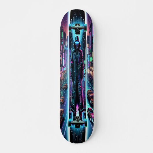 "Neon Hacker: Cyberpunk Cityscape Skateboard (Vorne)
