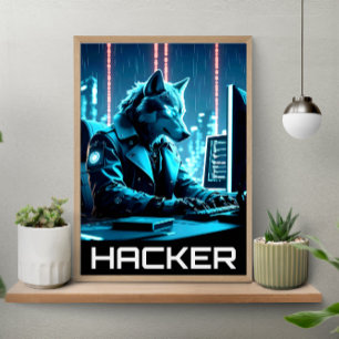 Neon-Hacker-Wolf im Cyberpunk-Stil Poster